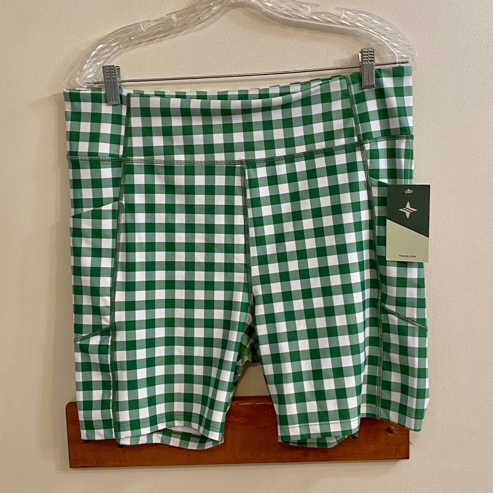 Tuckernuck Trellis Gingham Biker Shorts XXL Green White 6 High Waist Pockets NWT